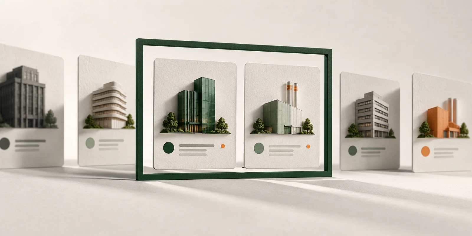 Layered company cards passing through a precise selection frame